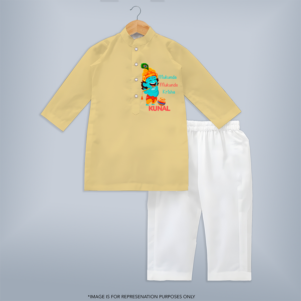 Mukunda Mukunda Krishna Kurta Set | Personalized Baby Kurta Set for Krishna Jayanthi - PASTEL YELLOW - 3 - 6 Months Old (Chest 24", Kurta Length 14'', Waist 19", Pant Length 14")