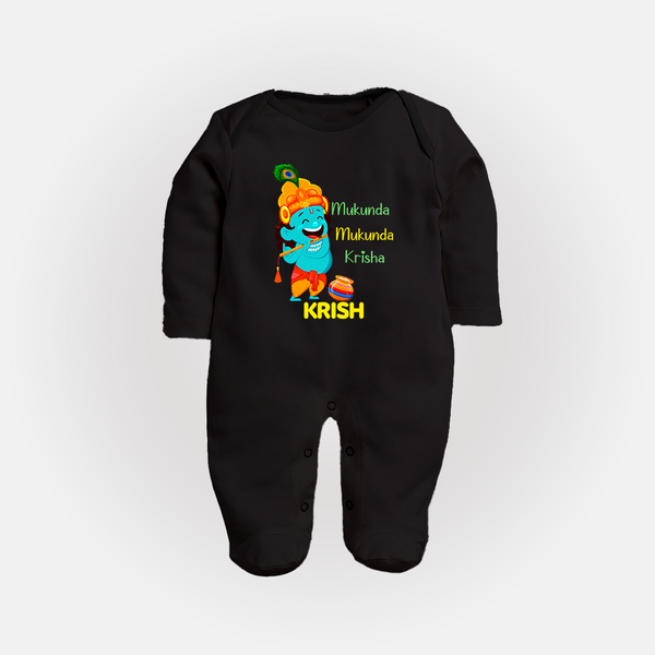 Mukunda Mukunda Krishna Sleep Suit | Personalized Baby Sleep Suit for Krishna Jayanthi - BLACK - New Born (Chest 7.5")