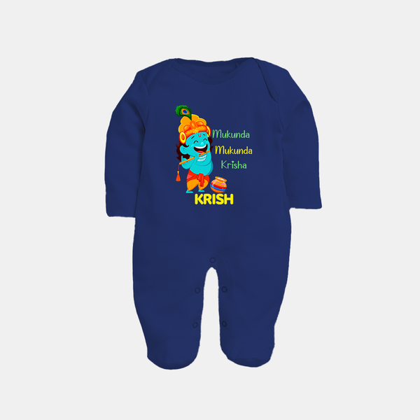 Mukunda Mukunda Krishna Sleep Suit | Personalized Baby Sleep Suit for Krishna Jayanthi - NAVY BLUE - New Born (Chest 7.5")