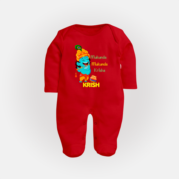 Mukunda Mukunda Krishna Sleep Suit | Personalized Baby Sleep Suit for Krishna Jayanthi - RED - New Born (Chest 7.5")