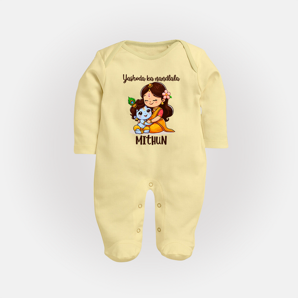 Yashoda Ka Nandlala Sleep Suit / Full Sleeve Bodysuit | Custom Sleep Suit / Full Sleeve Bodysuit for Krishna's Nandlala - PASTEL YELLOW - New Born (Chest 7.5")