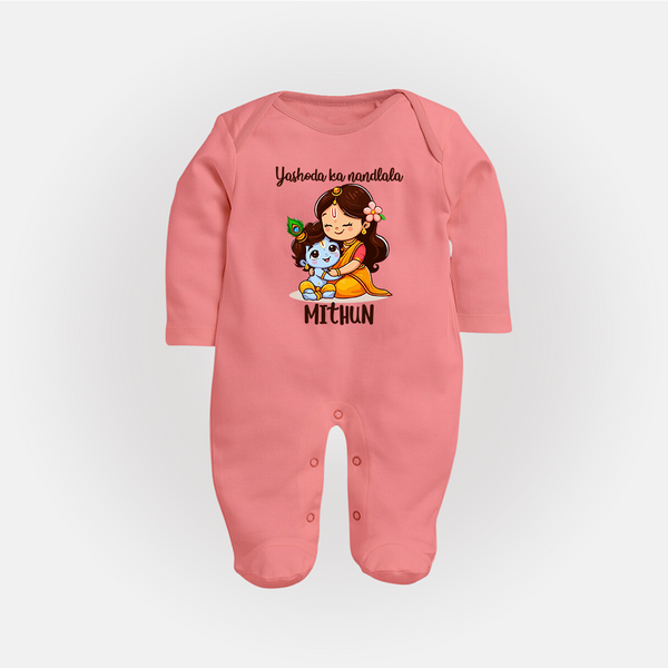 Yashoda Ka Nandlala Sleep Suit / Full Sleeve Bodysuit | Custom Sleep Suit / Full Sleeve Bodysuit for Krishna's Nandlala - PEACH - New Born (Chest 7.5")