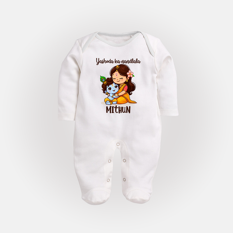 Yashoda Ka Nandlala Sleep Suit / Full Sleeve Bodysuit | Custom Sleep Suit / Full Sleeve Bodysuit for Krishna's Nandlala - WHITE - New Born (Chest 7.5")