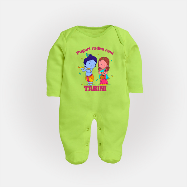 Pugari Radha Rani Sleep Suit | Personalized Sleep Suit for Krishna and Radha Fans - LIME GREEN - New Born (Chest 7.5")