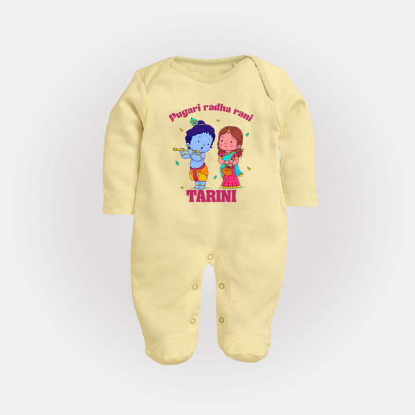 Pugari Radha Rani Sleep Suit | Personalized Sleep Suit for Krishna and Radha Fans - PASTEL YELLOW - New Born (Chest 7.5")
