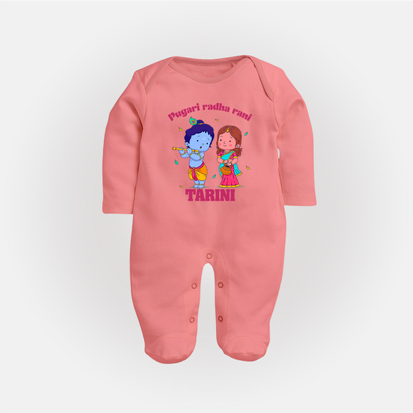 Pugari Radha Rani Sleep Suit | Personalized Sleep Suit for Krishna and Radha Fans - PEACH - New Born (Chest 7.5")