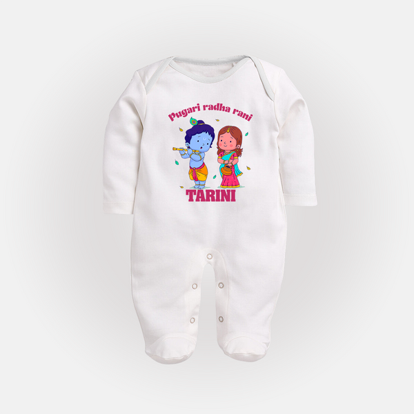 Pugari Radha Rani Sleep Suit | Personalized Sleep Suit for Krishna and Radha Fans - WHITE - New Born (Chest 7.5")