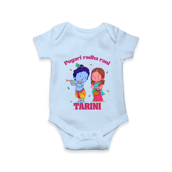 Pugari Radha Rani Romper / onesie | Personalized Romper / onesie for Krishna and Radha Fans - BABY BLUE - New Born (Chest 14")