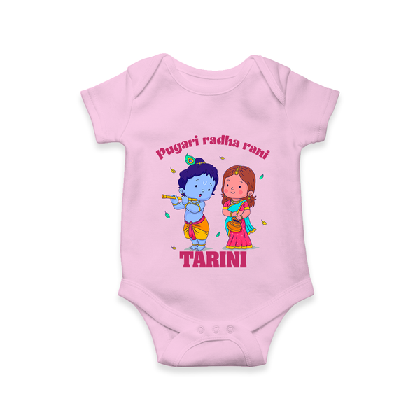 Pugari Radha Rani Romper / onesie | Personalized Romper / onesie for Krishna and Radha Fans - BABY PINK - New Born (Chest 14")