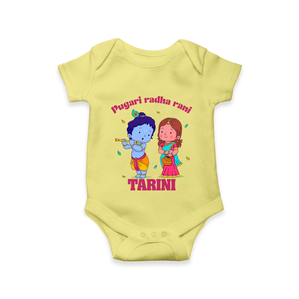 Pugari Radha Rani Romper / onesie | Personalized Romper / onesie for Krishna and Radha Fans - PASTEL YELLOW - New Born (Chest 14")