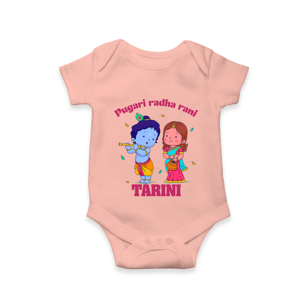 Pugari Radha Rani Romper / onesie | Personalized Romper / onesie for Krishna and Radha Fans - PEACH - New Born (Chest 14")