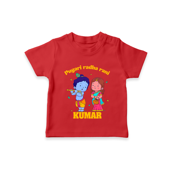 Pugari Radha Rani TShirt | Personalized TShirt for Krishna and Radha Fans - RED - 0-5 Months Old (Chest 17")