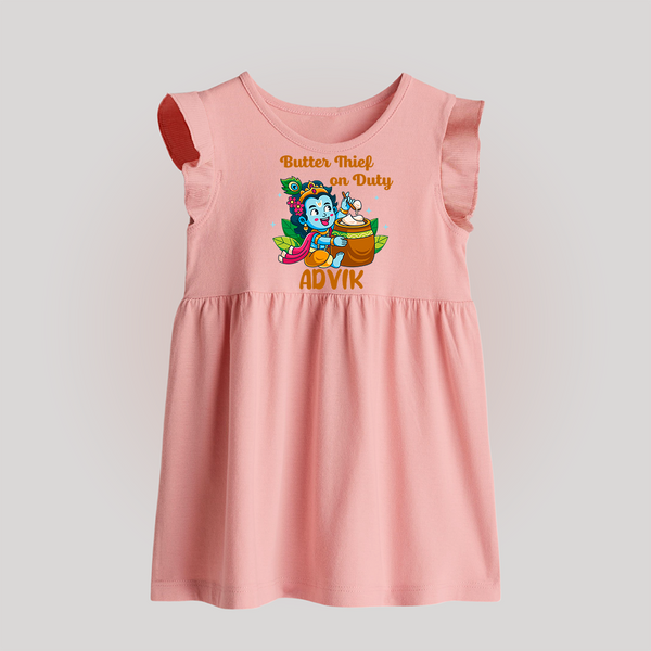 Butter Thief On Duty Baby Frock | Personalized Baby Frock for Krishna's Mischief - BABY PINK - 0 - 3 Months Old (Chest 17")