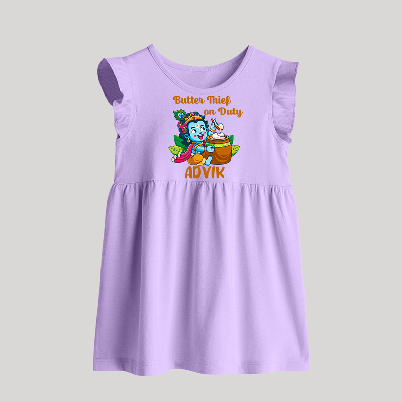 Butter Thief On Duty Baby Frock | Personalized Baby Frock for Krishna's Mischief - LILAC - 0 - 3 Months Old (Chest 17")