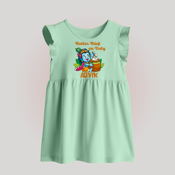 Butter Thief On Duty Baby Frock | Personalized Baby Frock for Krishna's Mischief - MINT GREEN - 0 - 3 Months Old (Chest 17")