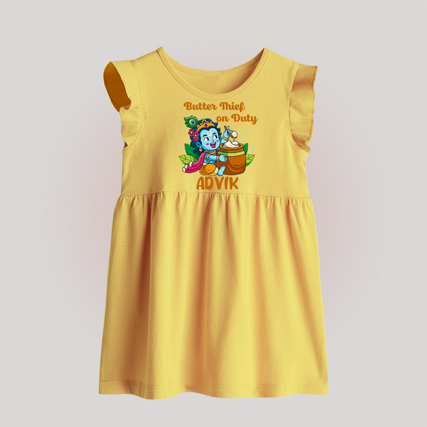 Butter Thief On Duty Baby Frock | Personalized Baby Frock for Krishna's Mischief - PASTEL YELLOW - 0 - 3 Months Old (Chest 17")