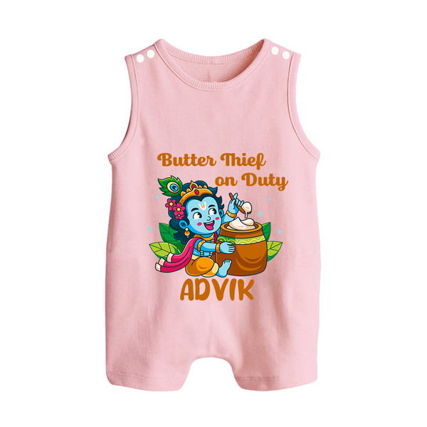 Butter Thief On Duty Romper Suit | Personalized Baby Romper Suit for Krishna's Mischief - BABY PINK - 0 - 5 Months Old (Chest 18")