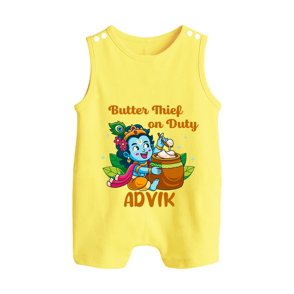 Butter Thief On Duty Romper Suit | Personalized Baby Romper Suit for Krishna's Mischief - PASTEL YELLOW - 0 - 5 Months Old (Chest 18")