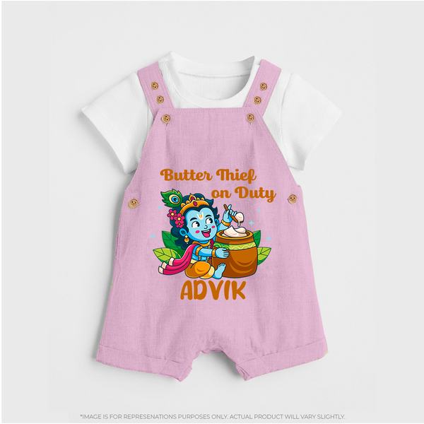 Butter Thief On Duty Dungaree Set | Personalized Baby Dungaree Set for Krishna's Mischief - BABY PINK - 0 - 5 Months Old (Chest 18")