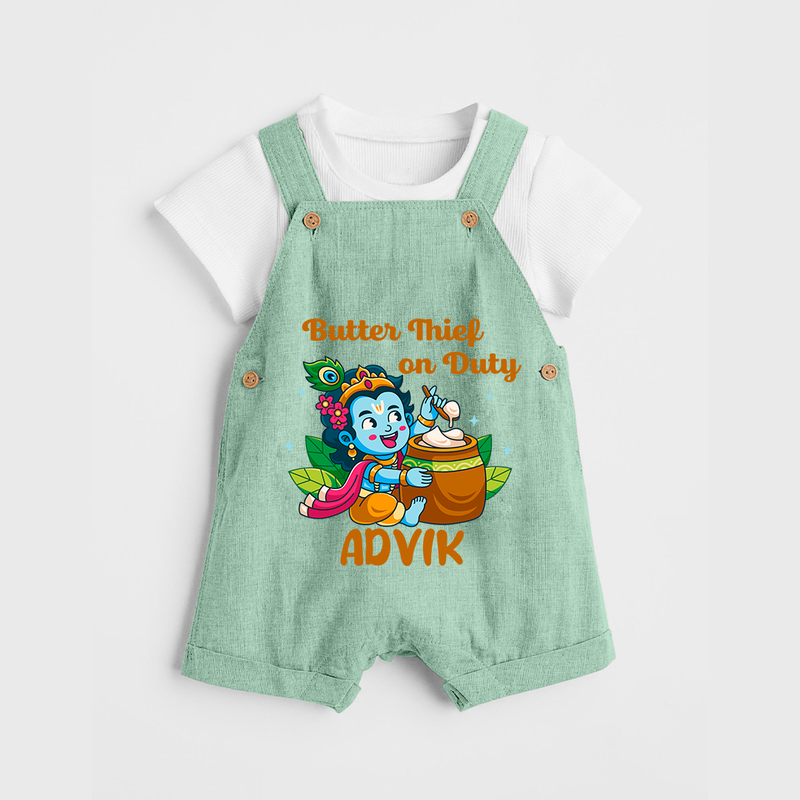Butter Thief On Duty Dungaree Set | Personalized Baby Dungaree Set for Krishna's Mischief - MINT GREEN - 0 - 5 Months Old (Chest 18")