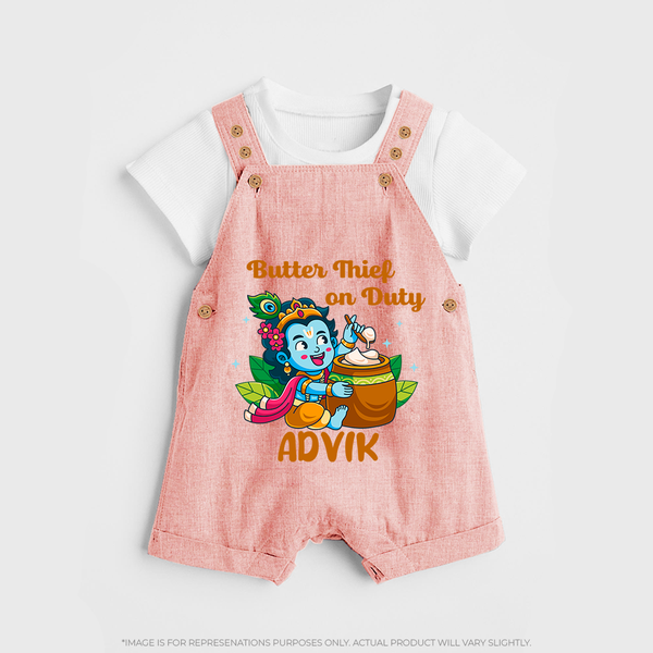 Butter Thief On Duty Dungaree Set | Personalized Baby Dungaree Set for Krishna's Mischief - PEACH - 0 - 5 Months Old (Chest 18")