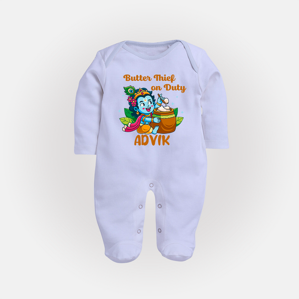 Butter Thief On Duty Sleep Suit | Personalized Baby Sleep Suit for Krishna's Mischief - BABY BLUE - New Born (Chest 7.5")