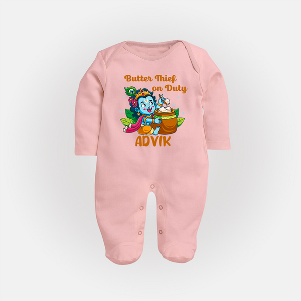 Butter Thief On Duty Sleep Suit | Personalized Baby Sleep Suit for Krishna's Mischief - BABY PINK - New Born (Chest 7.5")
