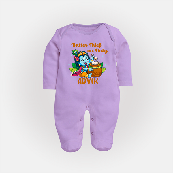 Butter Thief On Duty Sleep Suit | Personalized Baby Sleep Suit for Krishna's Mischief - LILAC - New Born (Chest 7.5")