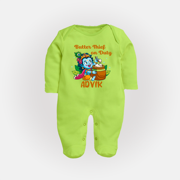 Butter Thief On Duty Sleep Suit | Personalized Baby Sleep Suit for Krishna's Mischief - LIME GREEN - New Born (Chest 7.5")