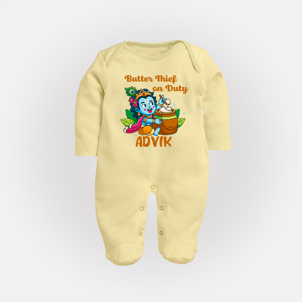 Butter Thief On Duty Sleep Suit | Personalized Baby Sleep Suit for Krishna's Mischief - PASTEL YELLOW - New Born (Chest 7.5")