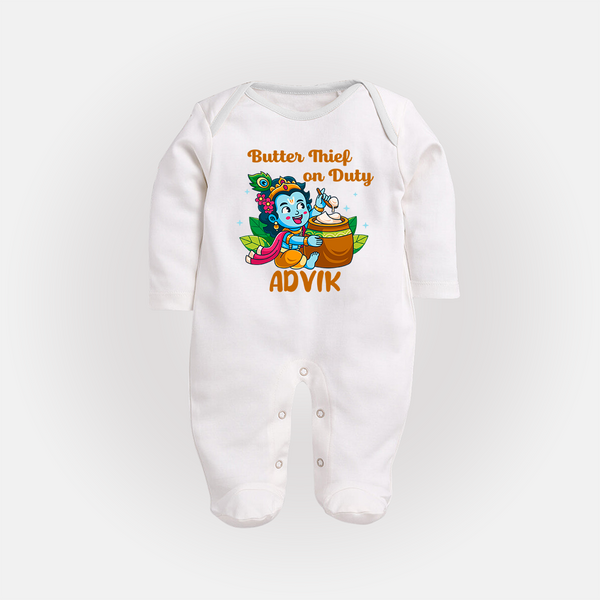 Butter Thief On Duty Sleep Suit | Personalized Baby Sleep Suit for Krishna's Mischief - WHITE - New Born (Chest 7.5")