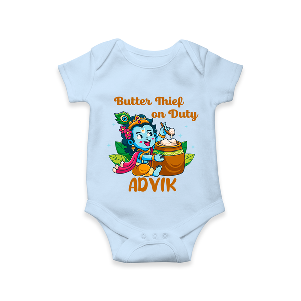 Butter Thief On Duty Romper / onesie | Personalized Baby Romper / onesie for Krishna's Mischief - BABY BLUE - New Born (Chest 14")