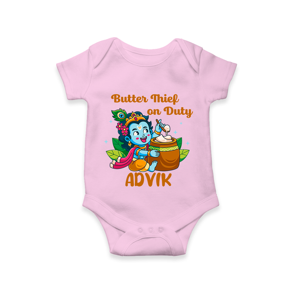 Butter Thief On Duty Romper / onesie | Personalized Baby Romper / onesie for Krishna's Mischief - BABY PINK - New Born (Chest 14")