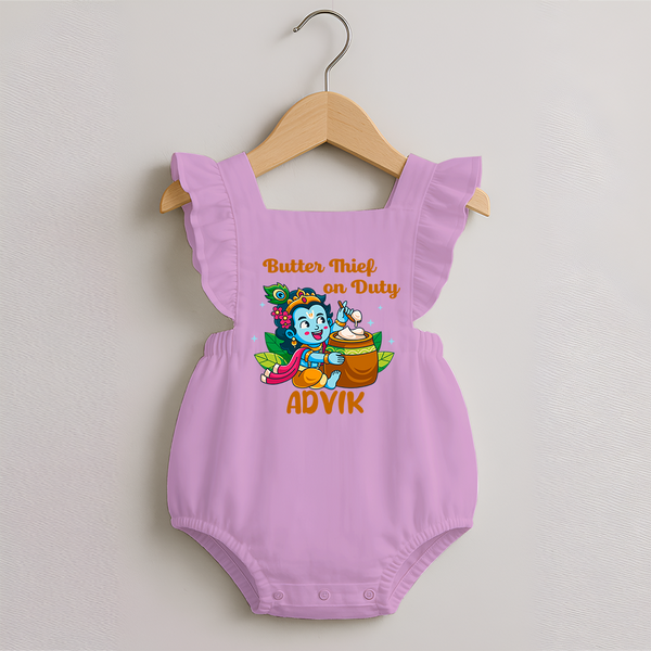 Butter Thief On Duty Romper Frock | Personalized Baby Romper Frock for Krishna's Mischief - BABY PINK - 0 - 3 Months Old (Chest 19")