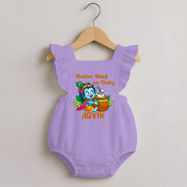 Butter Thief On Duty Romper Frock | Personalized Baby Romper Frock for Krishna's Mischief - LILAC - 0 - 3 Months Old (Chest 19")