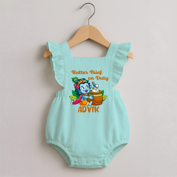 Butter Thief On Duty Romper Frock | Personalized Baby Romper Frock for Krishna's Mischief - MINT GREEN - 0 - 3 Months Old (Chest 19")