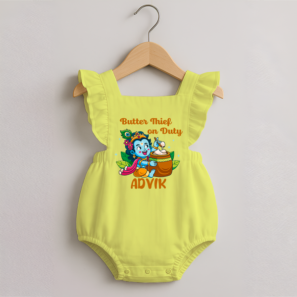Butter Thief On Duty Romper Frock | Personalized Baby Romper Frock for Krishna's Mischief - PASTEL YELLOW - 0 - 3 Months Old (Chest 19")