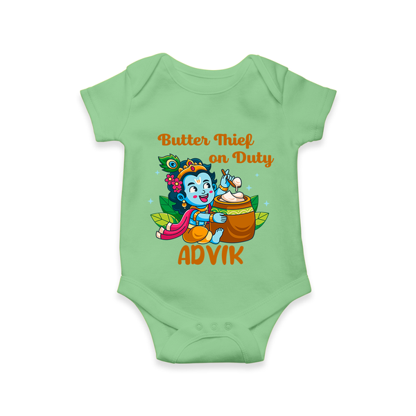 Butter Thief On Duty Romper / onesie | Personalized Baby Romper / onesie for Krishna's Mischief - GREEN - New Born (Chest 14")