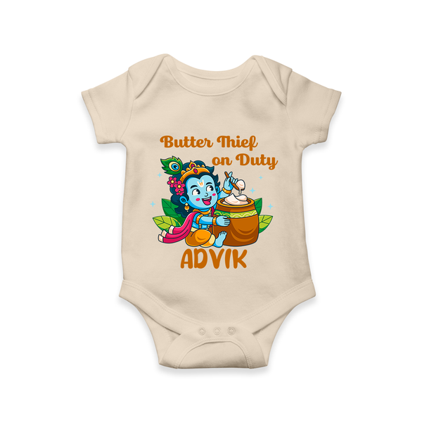 Butter Thief On Duty Romper / onesie | Personalized Baby Romper / onesie for Krishna's Mischief - IVORY - New Born (Chest 14")