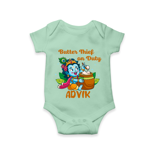 Butter Thief On Duty Romper / onesie | Personalized Baby Romper / onesie for Krishna's Mischief - MINT GREEN - New Born (Chest 14")