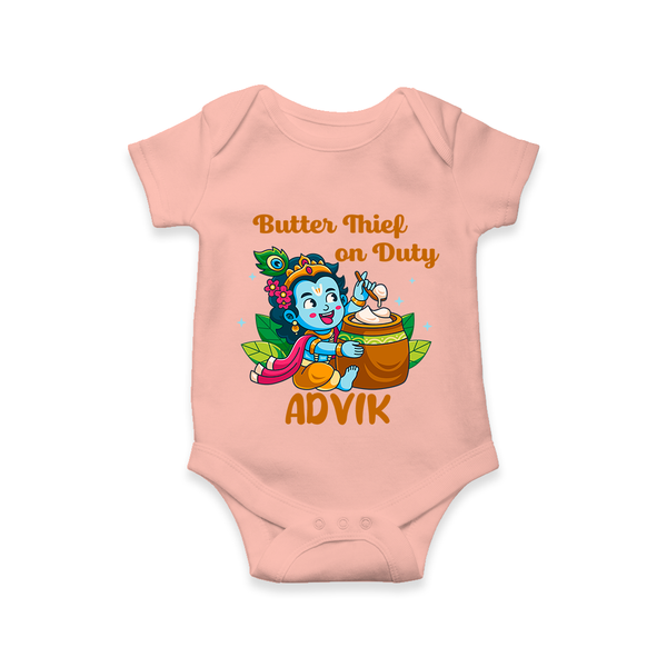 Butter Thief On Duty Romper / onesie | Personalized Baby Romper / onesie for Krishna's Mischief - PEACH - New Born (Chest 14")