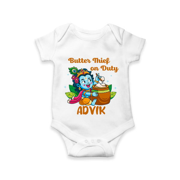 Butter Thief On Duty Romper / onesie | Personalized Baby Romper / onesie for Krishna's Mischief - WHITE - New Born (Chest 14")