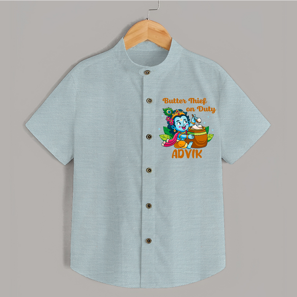 Butter Thief On Duty Shirt | Personalized Baby Shirt for Krishna's Mischief - ARCTIC BLUE - 0 - 6 Months Old (Chest 23")