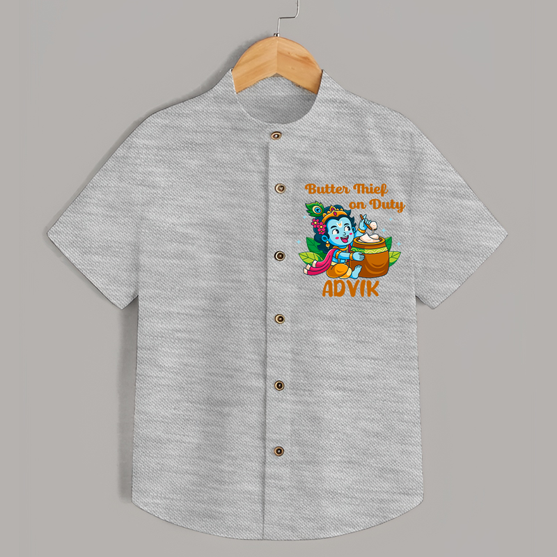 Butter Thief On Duty Shirt | Personalized Baby Shirt for Krishna's Mischief - GREY - 0 - 6 Months Old (Chest 23")