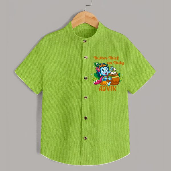 Butter Thief On Duty Shirt | Personalized Baby Shirt for Krishna's Mischief - LIME GREEN - 0 - 6 Months Old (Chest 23")