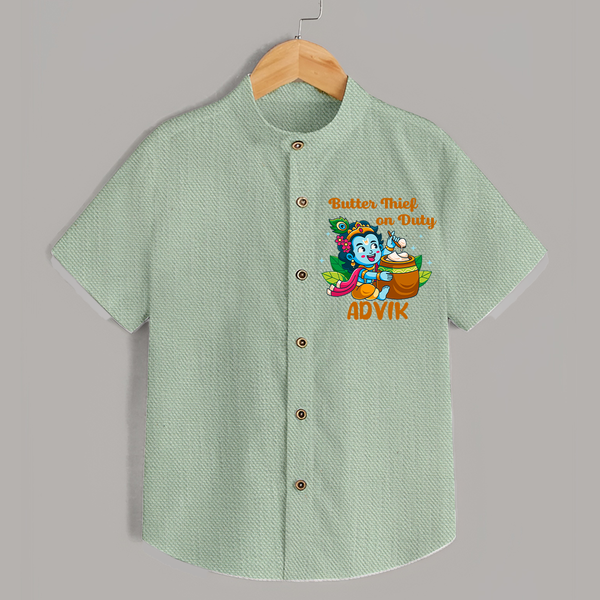 Butter Thief On Duty Shirt | Personalized Baby Shirt for Krishna's Mischief - MINT GREEN - 0 - 6 Months Old (Chest 23")