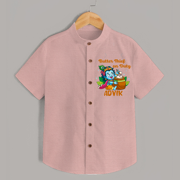 Butter Thief On Duty Shirt | Personalized Baby Shirt for Krishna's Mischief - PEACH - 0 - 6 Months Old (Chest 23")