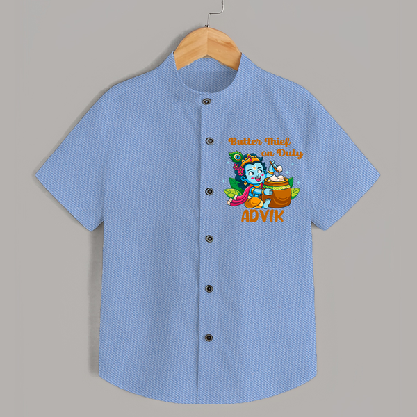 Butter Thief On Duty Shirt | Personalized Baby Shirt for Krishna's Mischief - SKY BLUE - 0 - 6 Months Old (Chest 23")