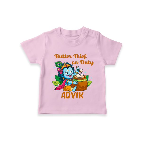 Butter Thief On Duty TShirt | Personalized Baby TShirt for Krishna's Mischief - BABY PINK - 0-5 Months Old (Chest 17")