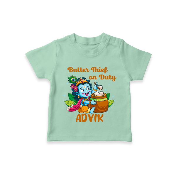 Butter Thief On Duty TShirt | Personalized Baby TShirt for Krishna's Mischief - MINT GREEN - 0-5 Months Old (Chest 17")